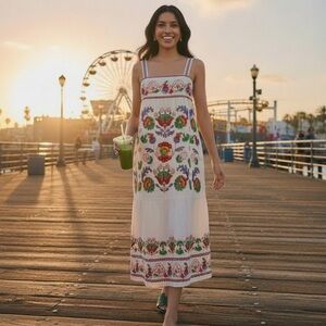 NWT J.Marie Embroidered White Midi Dress with Colorful Floral Motif and Pockets!